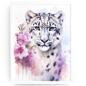 Watercolor Snow Leopard Portrait Wall Art Illustration Print Poster Unframed
